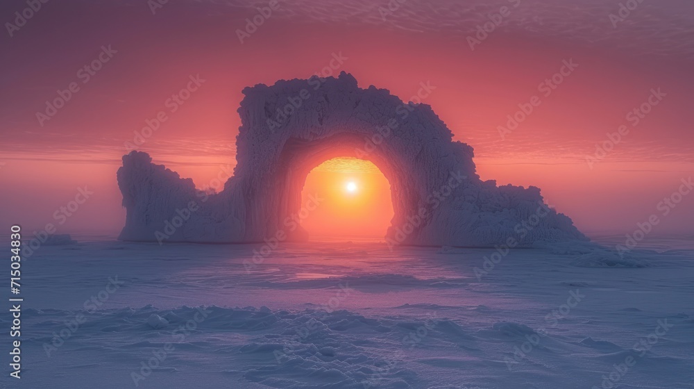 Poster the sun is setting in the middle of an ice arch in the middle of a frozen lake with snow on the grou