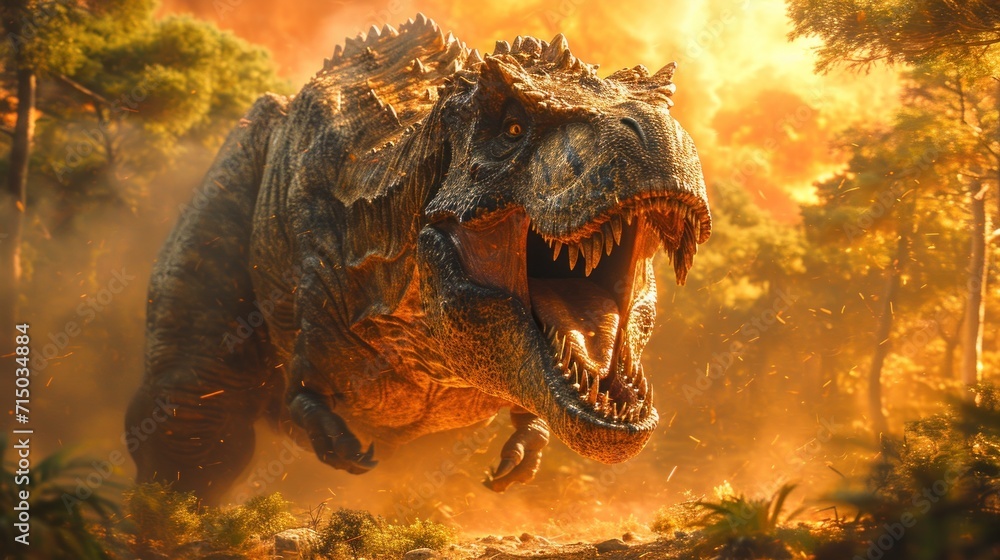 Poster a close up of a dinosaur in a forest with a lot of trees in the background and a yellow sky in the b