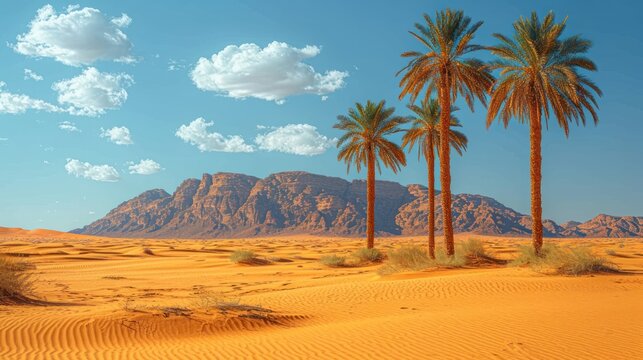  a desert landscape with palm trees in the foreground and mountains in the background The sky is filled with clouds and the ground is covered with sand and plants 