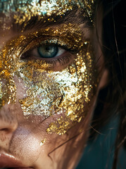Creative Golden face makeup, closeup pose, Golden lips, the art of makeup style, 