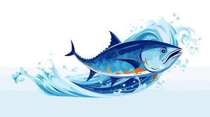 Fototapeta premium copy space, flat vector illustration, World tuna day, color illustration with the image of fish on waves in the water. Illustration for awareness of overfishing tuna and tuna-like species.