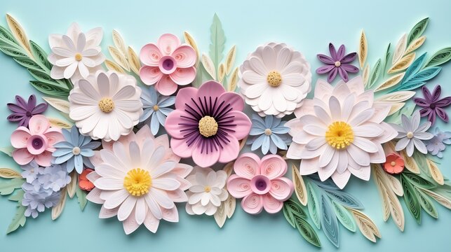 Bouquet of pastel colors flowers in paper quilling art technique. 