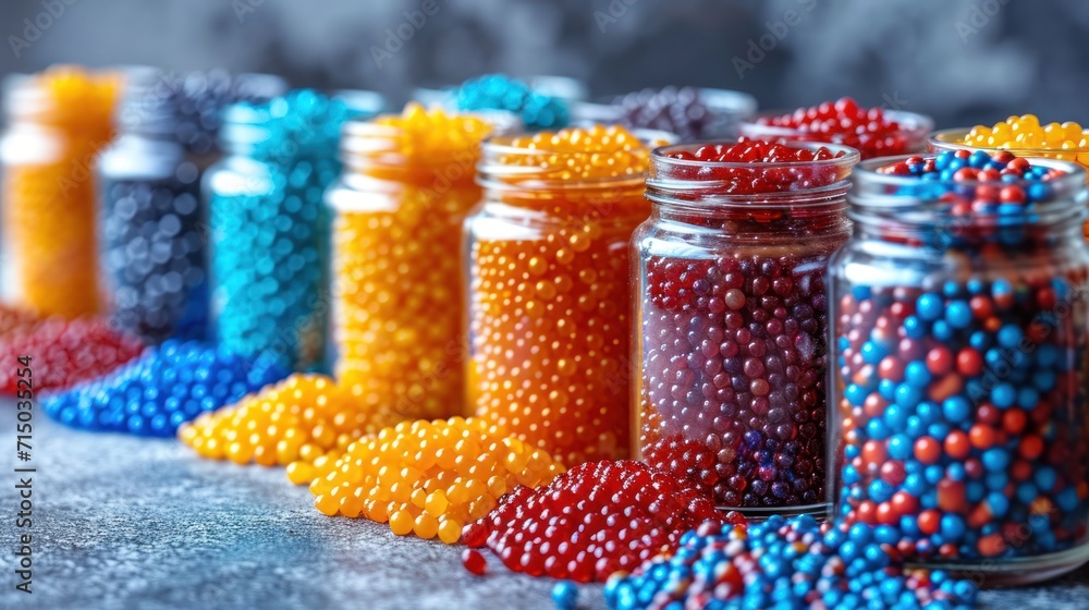 Poster a row of jars filled with lots of different colored sprinkles next to each other on a table.