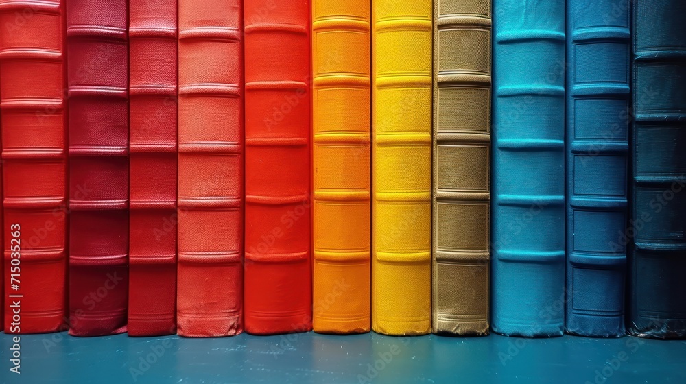 Poster a row of multicolored books sitting next to each other on top of a blue floor next to each other.