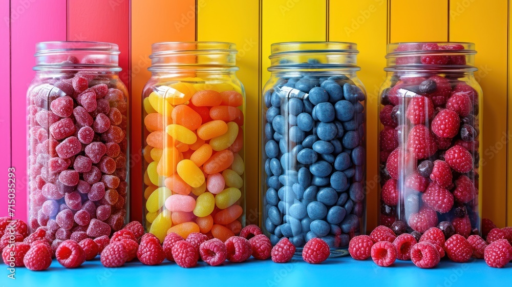 Poster a row of jars filled with jelly beans and raspberries next to a row of other jars filled with jelly 