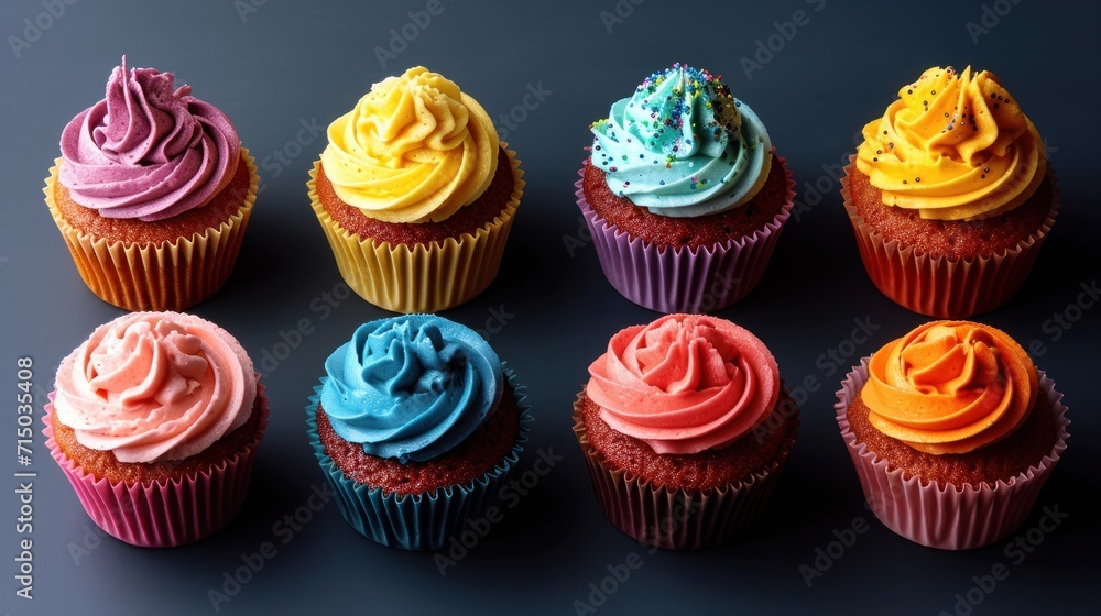 Aufkleber a group of cupcakes with different colored frosting on top of each cupcake on a black surface.