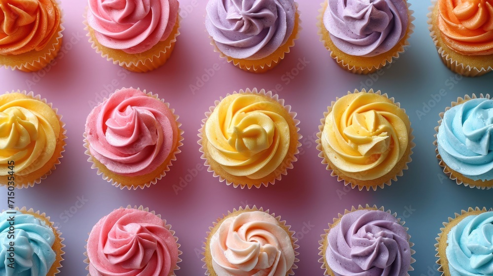 Poster a close up of a bunch of cupcakes with different colored frosting on top of each cupcake.