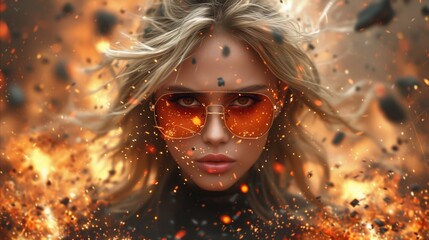 Mysterious woman with fiery background and sunglasses