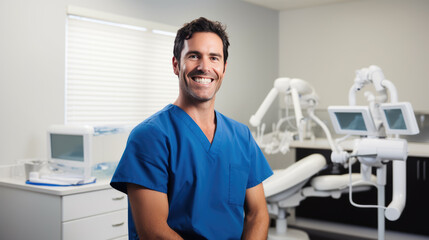 Cheerful dentist man wearing a lab coat standing in a dental clinic with a dental chair and equipment in the background.