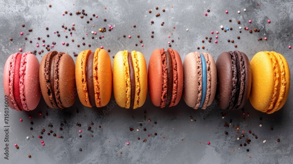 Poster a row of colorful macaroons sitting next to each other on a gray surface with sprinkles.