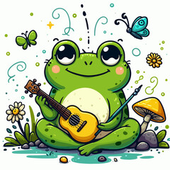 Cute cartoon frog on the grass isolated vector 