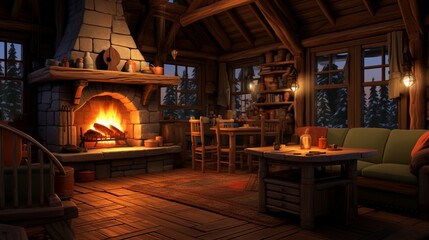 Inviting Atmosphere: Warm and Cozy Cabin Interior with a Crackling Fireplace - AI-Generative