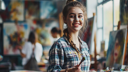 Joyful young artist with paint on her face and clothes is standing in a colorful art studio filled with paintings.
