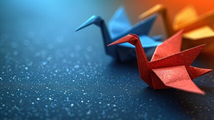  a red origami bird next to a blue origami bird on a blue surface with a blurry background.