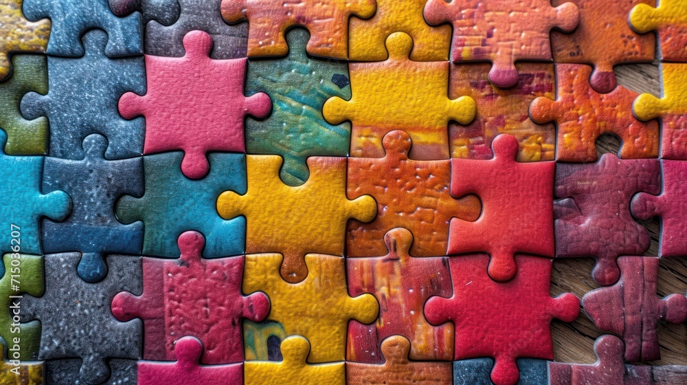 Aufkleber a close up of a multicolored puzzle on a wooden surface with one missing the last piece of the puzzl