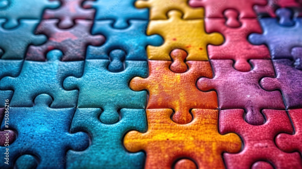 Aufkleber a close up of a multicolored jigsaw puzzle piece with a missing piece in the middle of the puzzle.