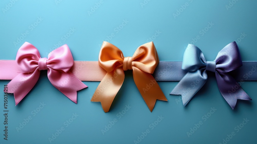 Aufkleber a row of three different colored bows on a blue and pink background with a pink ribbon in the middle