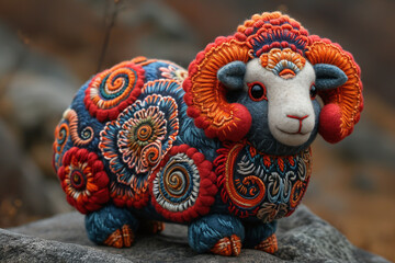 Soft plush Chinese ram or cute sheep made of felt, symbol of the year, colorful embroidery, intricate lines, handcraft craft