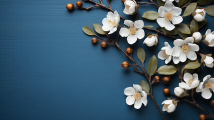 Cherry blossom branches on blue background. Spring white flower banner. Springtime nature.	
