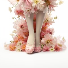 The concept of the arrival of spring. Spring comes gently to the ballerina's feet and brings flowering. Isolated on white background.