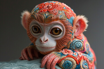 Soft Felt Chinese Monkey Plush Symbol of the Year Colorful Embroidery Intricate Lines Handcraft Crafts Rich Decorated Embroidery