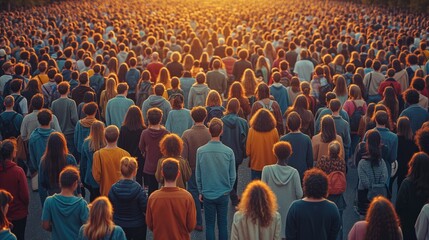 A sunset gathering in a field with a large crowd of people standing together, creating a vibrant and lively atmosphere