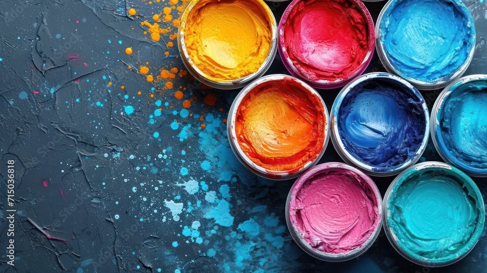 Poster a group of paint cans with different colors of paint in them on a blue and gray surface with splatte