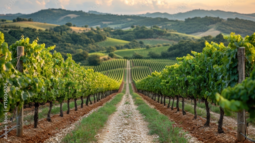 Poster a vineyard with rows of vines in the foreground and rolling hills in the background with clouds in t