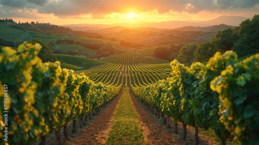Aufkleber the sun is setting over a vineyard with rows of vines in the foreground and rolling hills in the bac