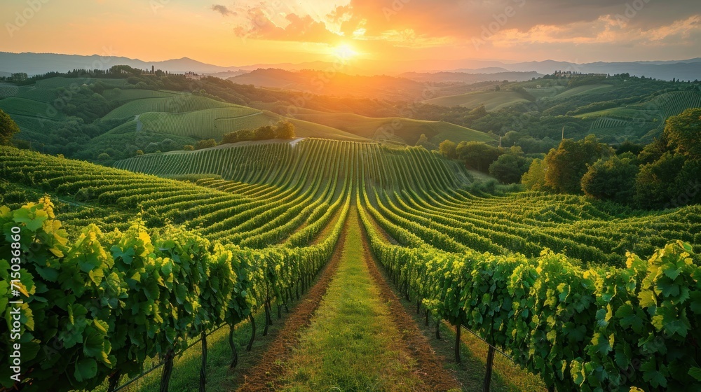 Poster a vineyard at sunset with the sun setting over the rolling hills and trees in the foreground and the