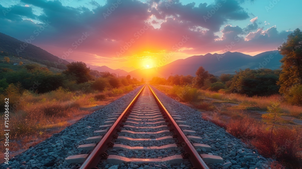 Poster a train track with the sun setting in the middle of the picture and trees on both sides of the track