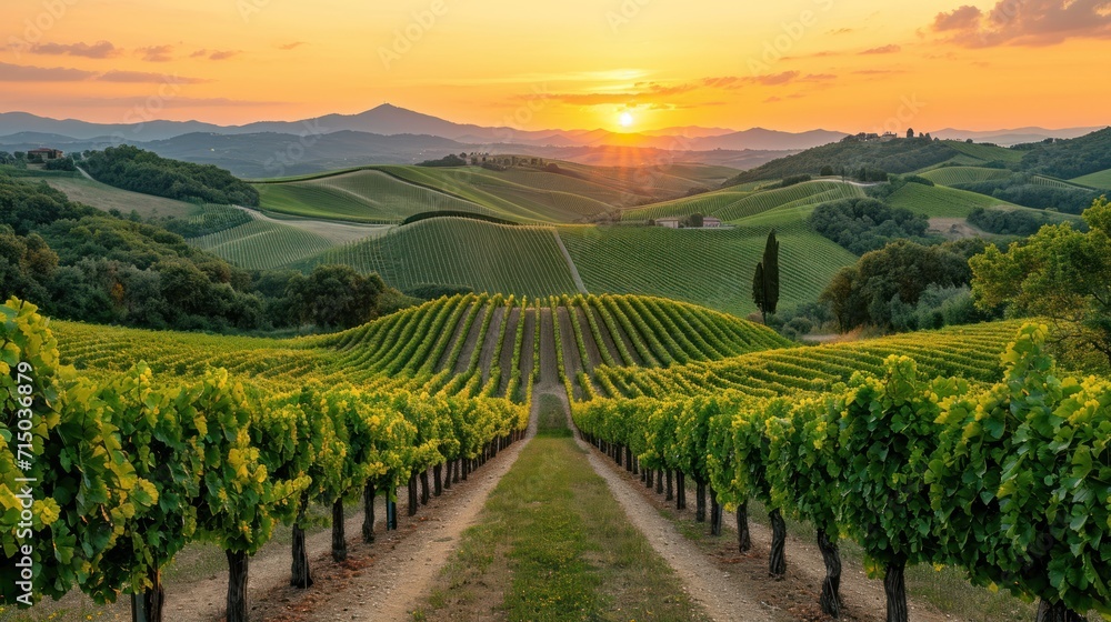 Poster the sun is setting over a vineyard with rows of vines in the foreground and hills in the distance, w