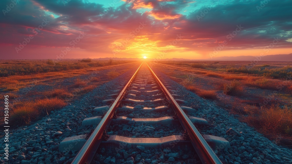Poster a train track in the middle of a field with the sun setting in the distance and clouds in the sky.