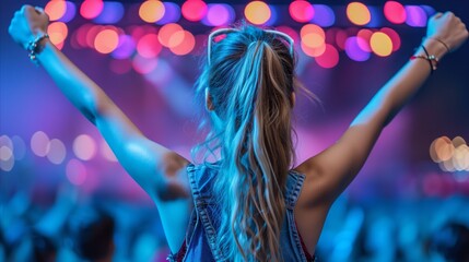 Joyful woman dancing at a concert with colorful stage lights