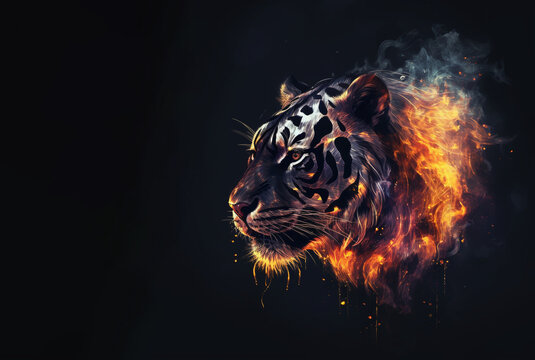 Fiery tiger head on a black background and empty space for text