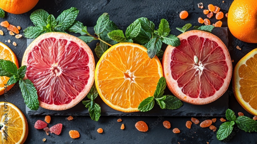 Wall mural a group of grapefruits and oranges cut in half on a black surface with leaves and nuts.