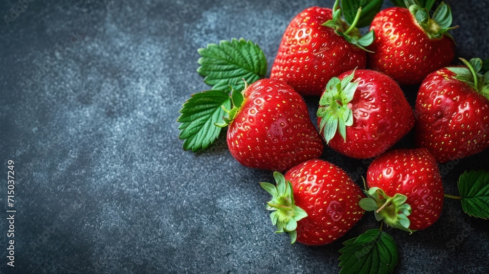 Aufkleber a group of strawberries with green leaves on a dark background with space for a text or a logo on th