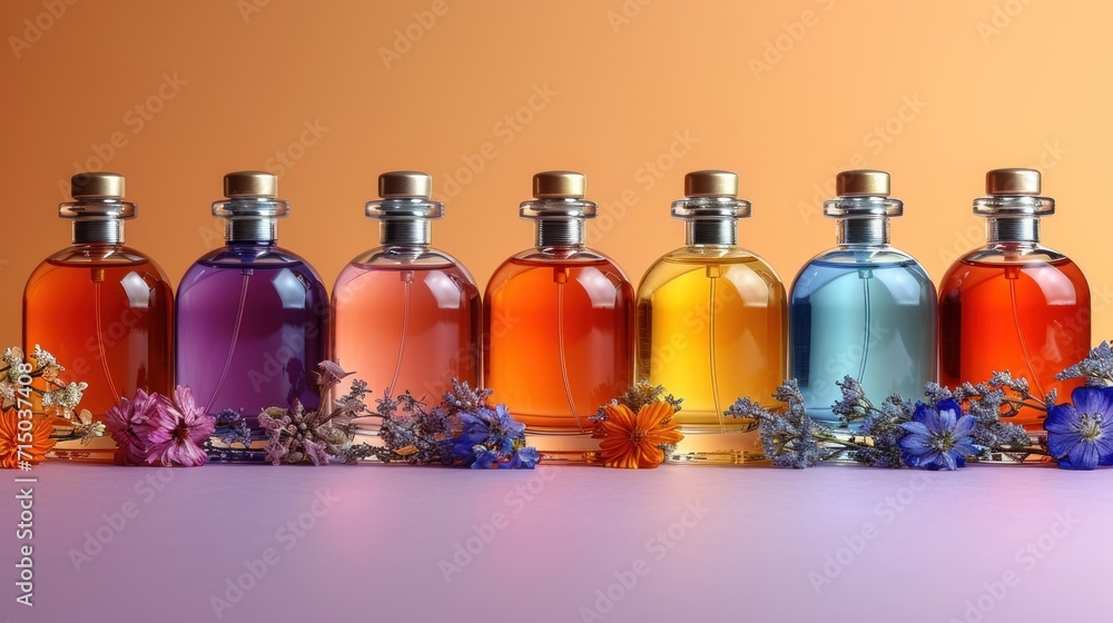 Aufkleber a row of bottles filled with different colors of liquid and flowers on top of a purple table with an