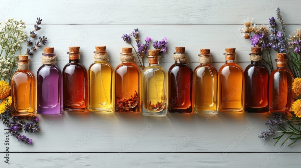 Poster a row of bottles filled with different types of liquid next to a bunch of wildflowers on a white woo