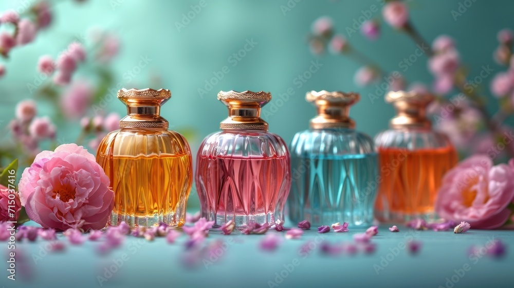 Aufkleber a group of three perfume bottles sitting next to each other on top of a table next to a bunch of flo