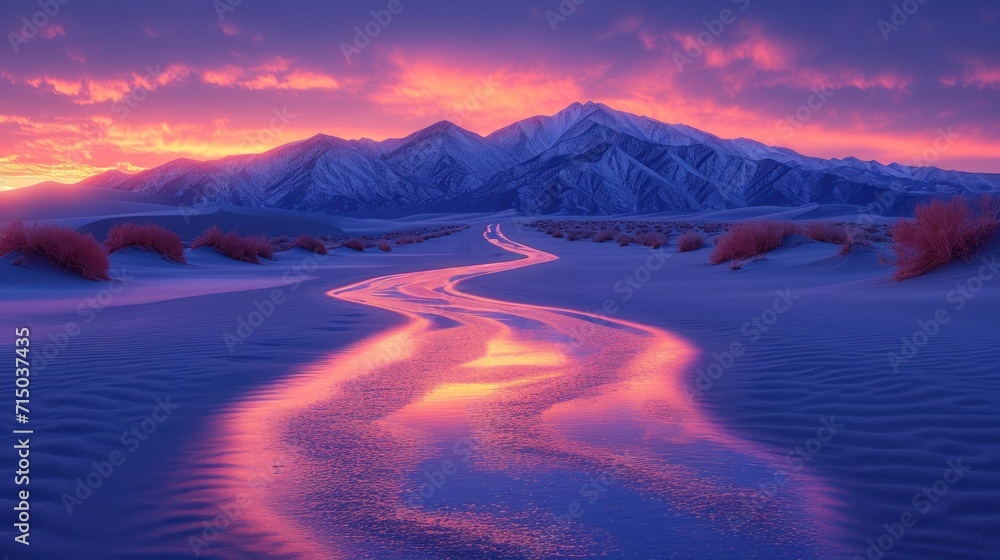 Poster a river running through the middle of a snow covered field with a mountain range in the distance in 