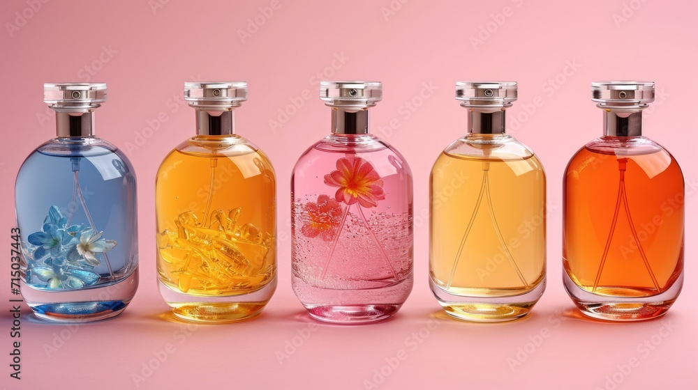 Poster a row of four different colored bottles with flowers in them on a pink and pink background with a si