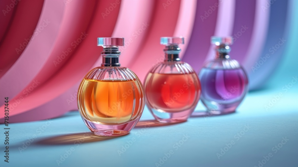 Poster a group of three bottles of perfume sitting next to each other in front of a wall of multicolored sh
