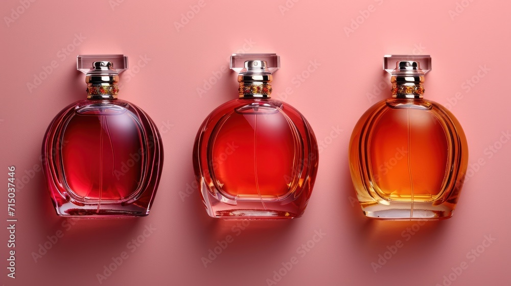 Poster three bottles of perfume sitting on top of a pink surface with a reflection of the bottle on the sid