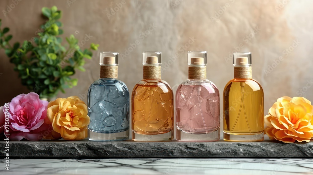 Poster a row of different colored bottles sitting on top of a table next to a vase with a flower in it.