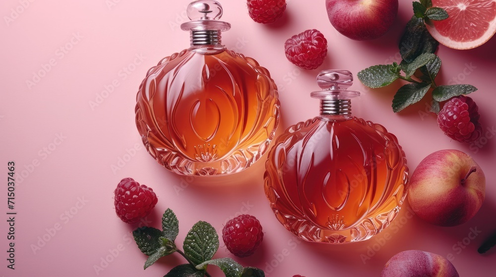 Poster a couple of bottles of perfume sitting on top of a table next to raspberries and a grapefruit.