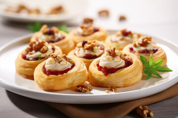 Obraz na płótnie Canvas Cream Cheese Pastries with nuts and Cranberry jam on a plate. Horizontal, close-up, side view.