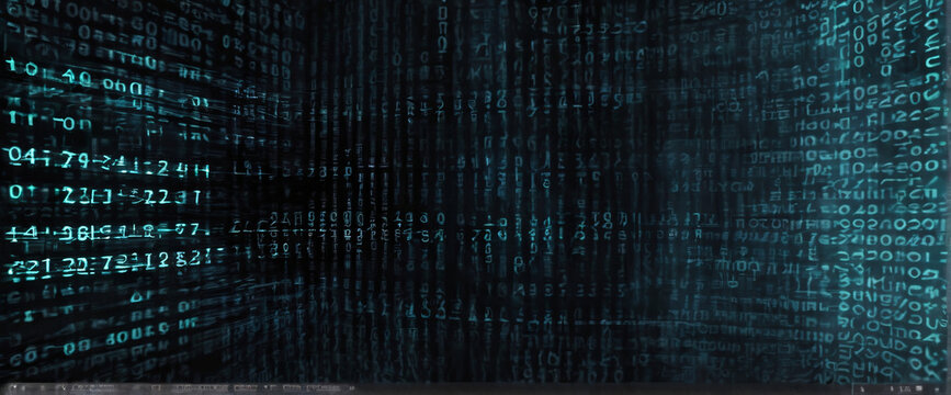 An abstract digital background with binary code and AI algorithms running in the background