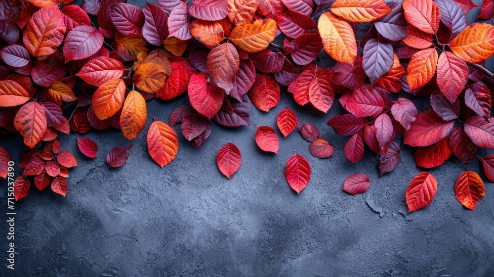 Poster a group of red and orange leaves on a gray background with a place for a text on the left side of th