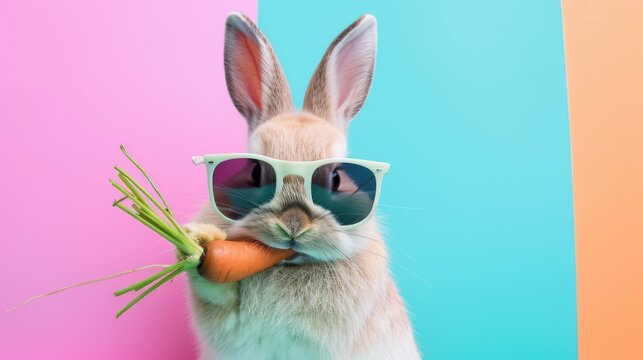 A cool bunny rabbit, wearing stylish white sunglasses, enjoys a carrot against a vibrant and colorful background, creating a playful and trendy scene ideal for cheerful and fashionable concepts
